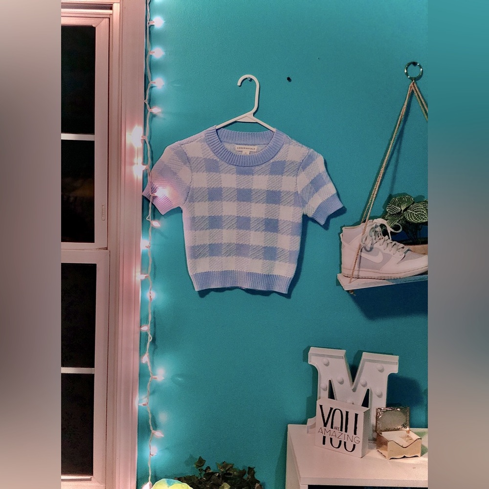 Blue and White Short Sleeve Sweater